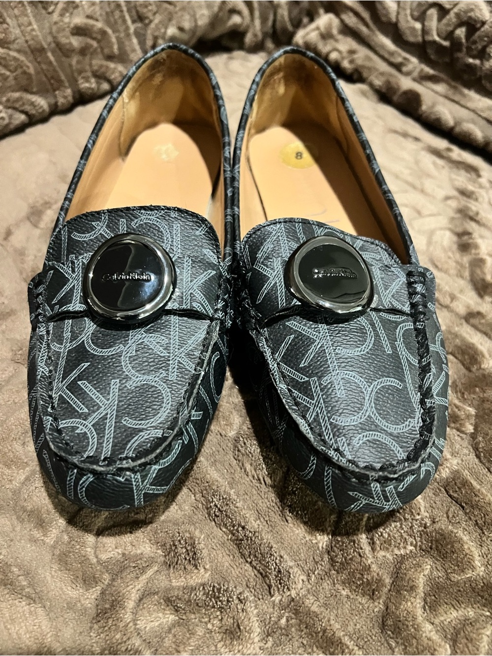 Calvin Klein Black Monogram Logo Loafers with Silver Medallion